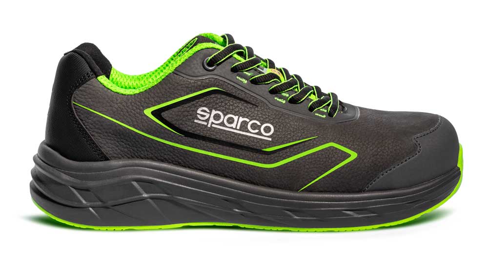 Vista laterale della scarpa da lavoro Sparco Oliver S3 nubuck antistatica nera con dettagli neon, suola antiscivolo, protezione e comfort