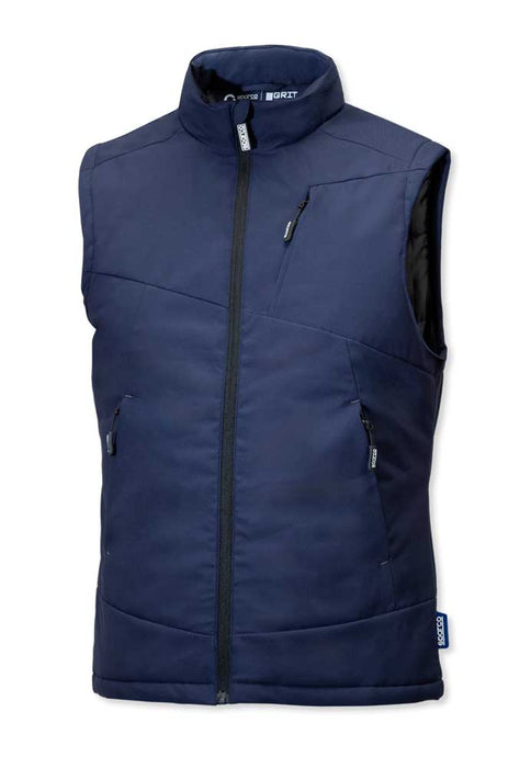 Gilet imbottito idrorepellente blu navy Sparco senza maniche, con tasche frontali e collo alto, ideale per lavoro e protezione, SKU: SP/SANFOR-B-S