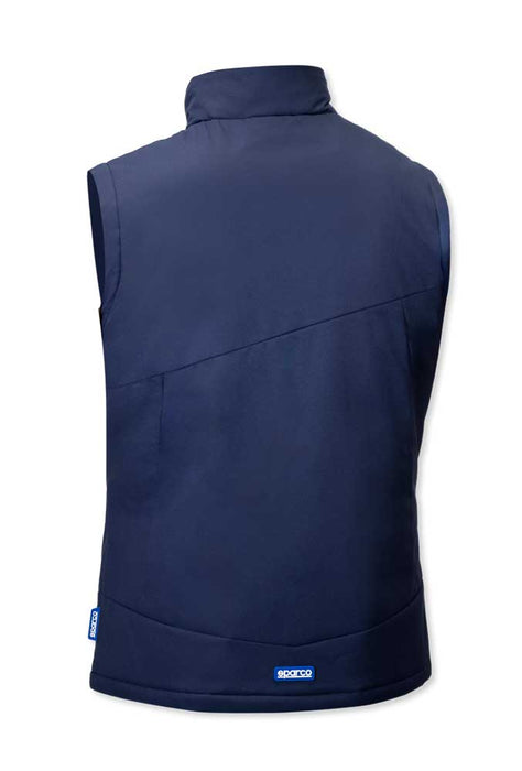 Retro del gilet imbottito blu navy Sparco senza maniche, con design ergonomico e dettagli resistenti, perfetto per attività lavorative all'aperto