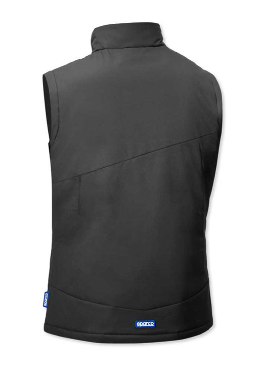 Retro del gilet imbottito idrorepellente Sparco Sanford in tessuto nero, senza maniche, con collo alto e design funzionale per protezione