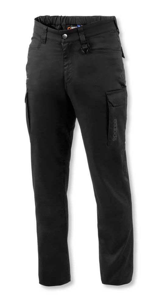 Pantalone Sparco Vermont nero, leggero e resistente, in cotone e poliestere con tasche laterali e chiusura zip, taglie S-2XL.