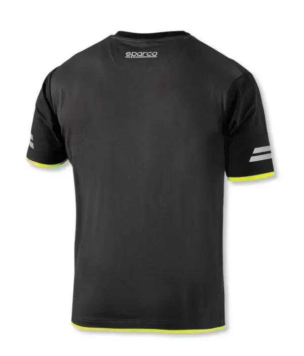 Retro della T-Shirt Sparco nera con bordi giallo fluo e dettagli riflettenti. Design rinforzato per comfort e sicurezza.