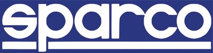 Logo Sparco bianco su sfondo blu, simbolo di qualità e design innovativo per calzature e accessori sportivi.