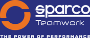 Logo Sparco Teamwork con cerchio arancione e testo bianco su sfondo blu, rappresenta il brand di prodotti per performance e sport