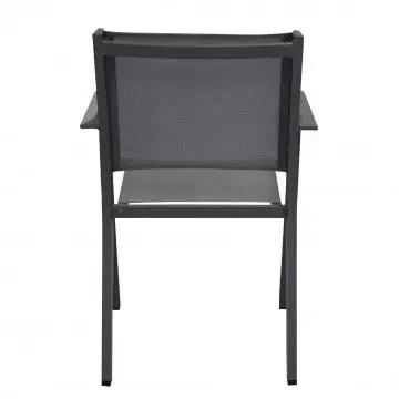 Retro della poltrona Zante impilabile in alluminio grigio con schienale in textilene, perfetta per giardini e terrazze.