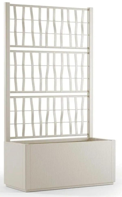 Fioriera con spalliera Ethica in beige gesso, dimensioni 80x36x140h cm, con fondo drenante e design elegante per esterni.