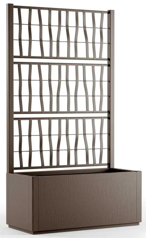 Fioriera con spalliera Ethica in tortora, dimensioni 80x36x140h cm, ideale per esterni con fondo drenante e design raffinato.