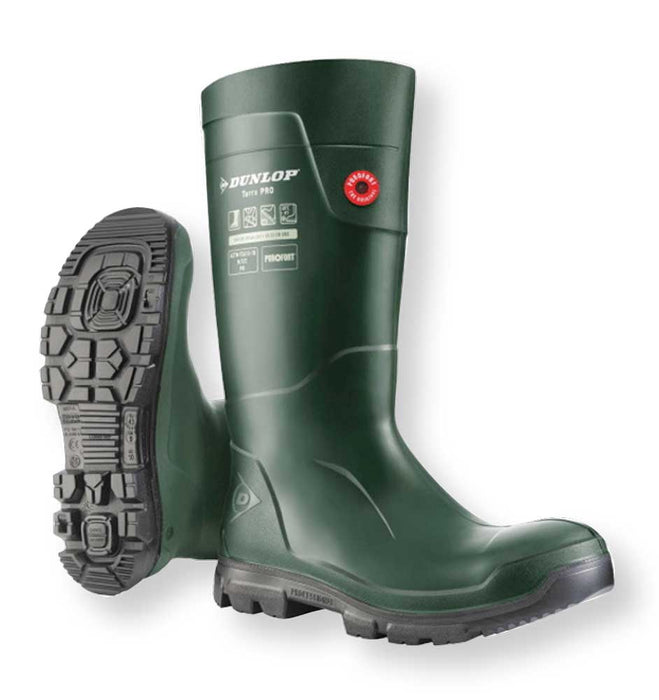 Stivali antinfortunistici Dunlop Purofort Terrapro verdi e neri in gomma, con suola antiscivolo SRC e design sneaker fit, ideali per ambienti umidi e freddi - SKU: STI-LJ2KL01-39