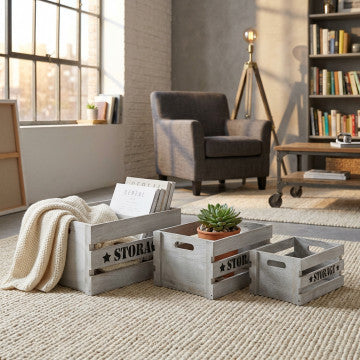 Set di 3 cassette in legno di paulonia grigie decorate diverse dimensioni
