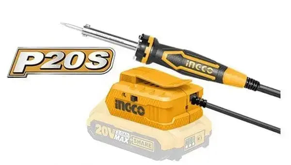 Saldatore a batteria 20V nudo 40W Ingco con impugnatura ergonomica e base di ricarica P20S, ideale per saldature portatili senza fili.