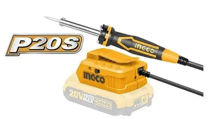 Saldatore a batteria 20V nudo 40W Ingco con impugnatura ergonomica e base di ricarica P20S, ideale per saldature portatili senza fili.