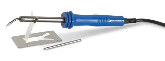 Saldatore per stagnature 100 watt con impugnatura blu, punta curva montata, punta dritta di ricambio e cavalletto di sostegno in metallo. Ideale per lavori di saldatura su componenti elettronici.