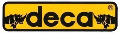 Logo Deca con sfondo giallo e due rinoceronti neri, marchio di riferimento per saldatrici e utensili professionali.
