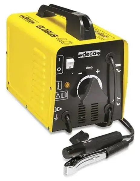 Saldatrice Globus 4.0 ventilata Deca gialla con regolazione 44-160A e pinze per elettrodi rutile Ø 1,6-4,0 mm, ideale per uso professionale.