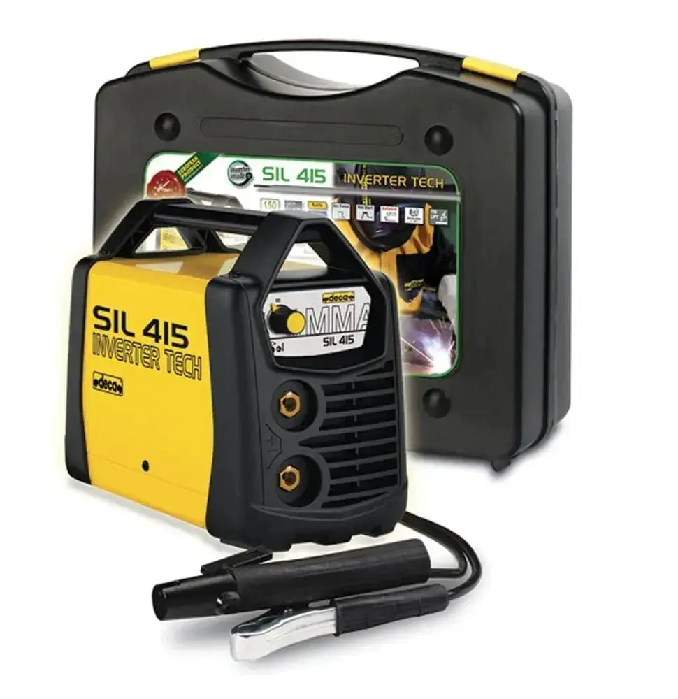 Saldatrice inverter SIL 415 con valigetta rigida e accessori, ideale per saldature TIG e MMA su vari metalli. Modello compatto e performante.