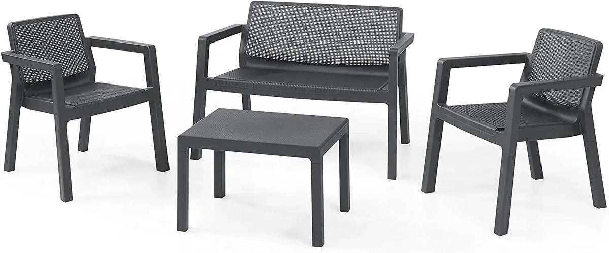 Set salotto da giardino Emily in grafite con due poltrone, un divano e un tavolino, design moderno e resistente per esterni.