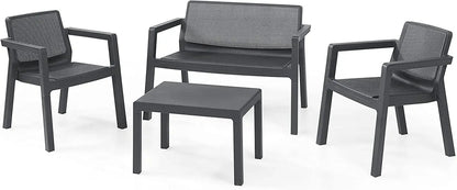 Set salotto da giardino Emily in grafite con due poltrone, un divano e un tavolino, design moderno e resistente per esterni.