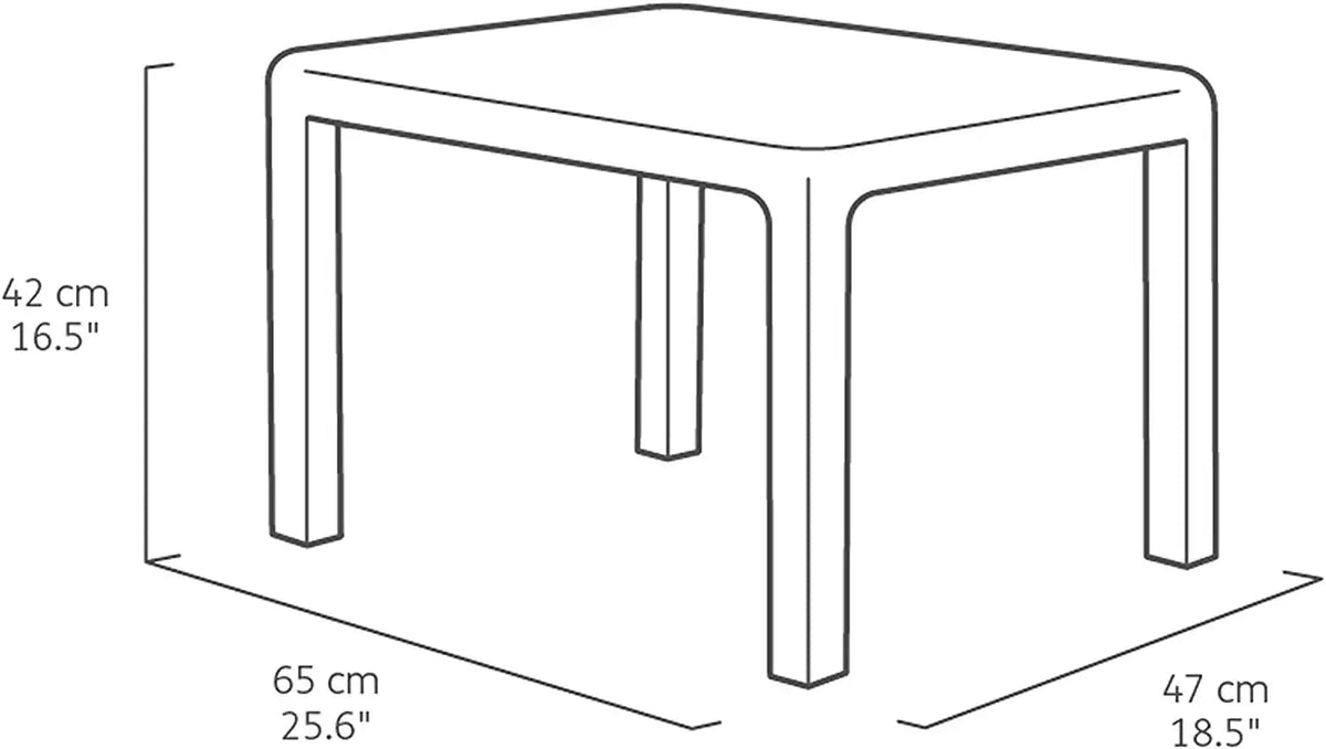 Disegno tecnico del tavolino Emily con dimensioni 65x47x42 cm, ideale per completare il set salotto da giardino.