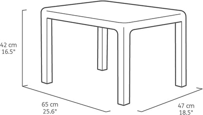 Disegno tecnico del tavolino Emily con dimensioni 65x47x42 cm, ideale per completare il set salotto da giardino.