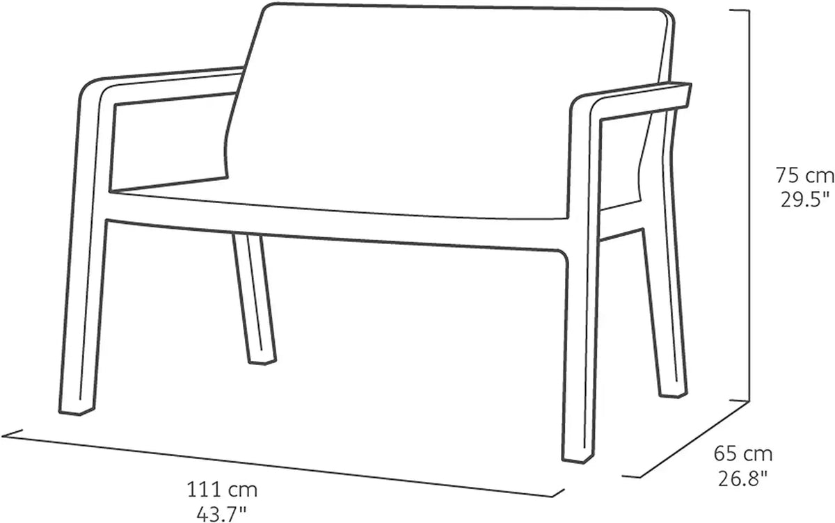 Disegno tecnico del divano Emily con dimensioni 111x65x75 cm, perfetto per un salotto da giardino elegante e funzionale.