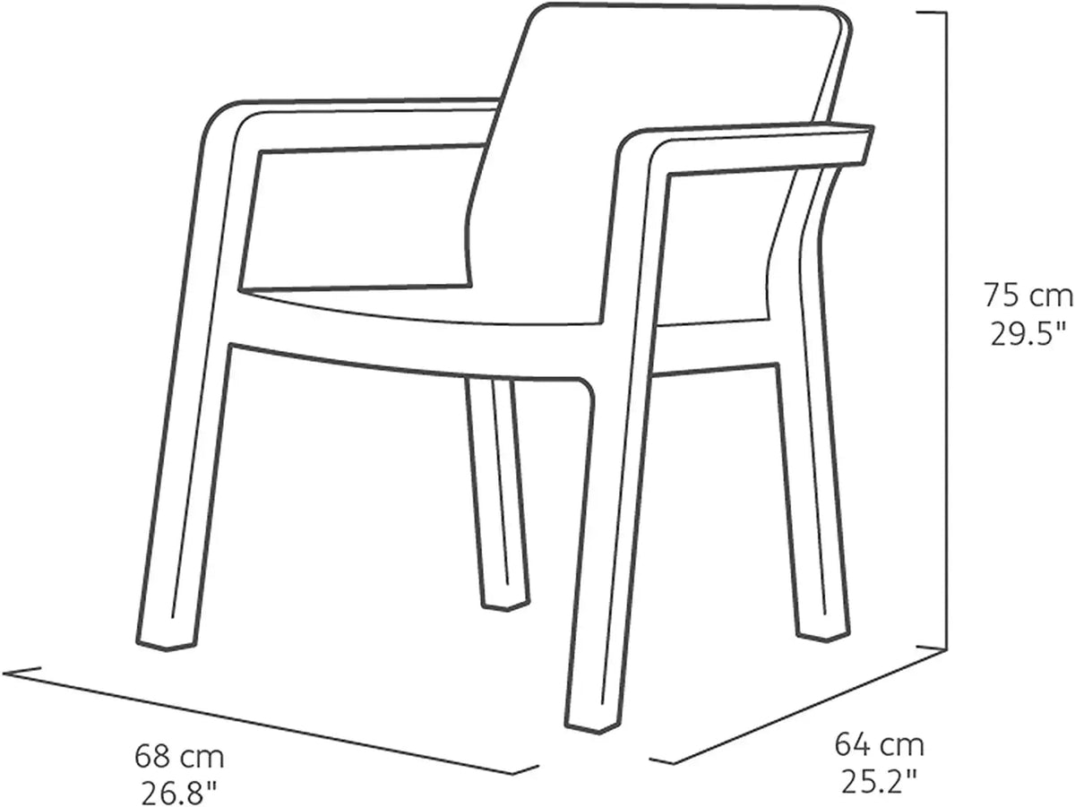 Disegno tecnico della poltrona Emily con dimensioni 68x64x75 cm, ideale per completare il set salotto da giardino.