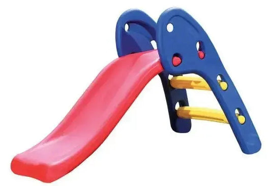 Scivolo bambino folding 110x54x70h in plastica colorata con scaletta gialla e struttura blu, ideale per giardino e giochi all’aperto.