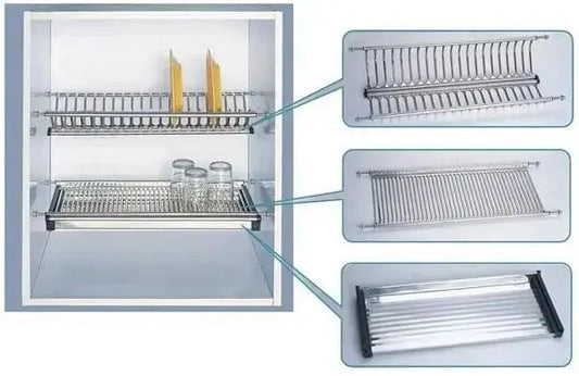 Coppia di reti scola piatti per pensili in acciaio INOX 18/10 con vassoio raccolta, disponibile in tre misure: 56, 76 e 86 cm. Design resistente e facile da pulire, ideale per accessori da cucina.