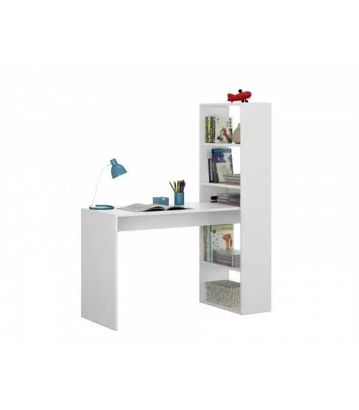 Scrivania moderna bianca con libreria integrata a 5 scomparti, ideale per organizzare libri e accessori in spazi ridotti.