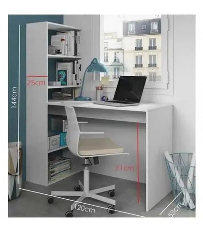 Scrivania con libreria reversibile in bianco artico, dimensioni compatte 120x53x144 cm, perfetta per uffici o studi moderni.