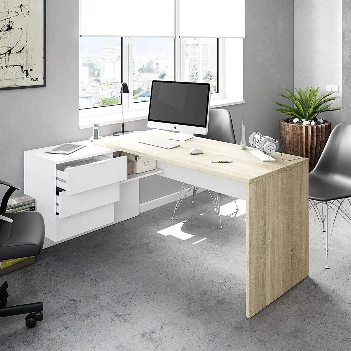 Scrivania ufficio con cassettiera bianco rovere Scrivanie FORES   