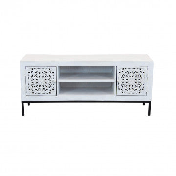 Porta TV con struttura in ferro e ante in legno di mango, 130x40x55 cm
