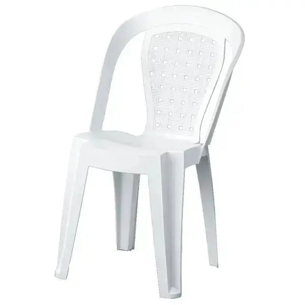 Sedia bistrot antiscivolo bianca in plastica resistente, ideale per esterni e giardini, senza braccioli e con schienale traforato.