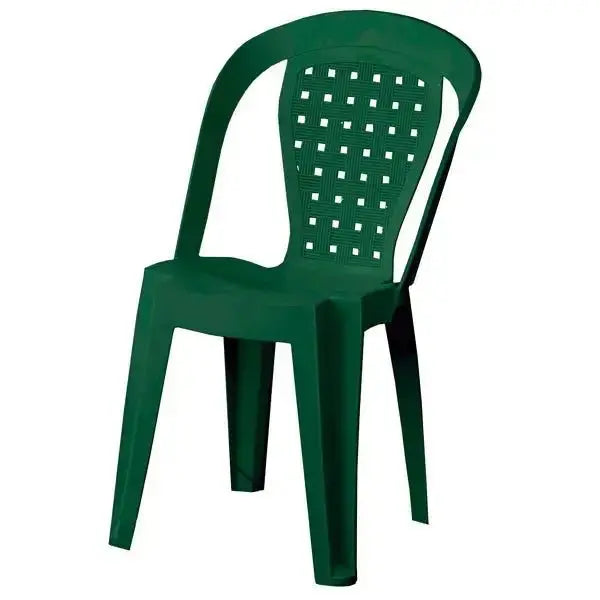 Sedia bistrot antiscivolo verde scuro in plastica, perfetta per uso esterno, con struttura solida e schienale traforato.