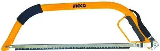 Sega ad arco 61cm legno Ingco con struttura robusta in metallo giallo e impugnatura ergonomica, ideale per taglio legno preciso e professionale.