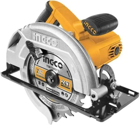 Sega circolare 1400w lama 185mm INGCO per taglio metalli, con impugnatura ergonomica e guida regolabile per tagli precisi a 45° e 90°.