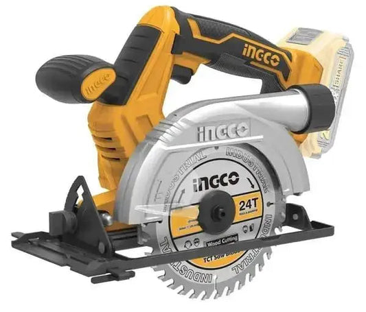 Sega circolare con batteria al litio 20V nuda Ingco per metalli, con lama da 24 denti e impugnatura ergonomica. Ideale per tagli precisi fino a 55mm.