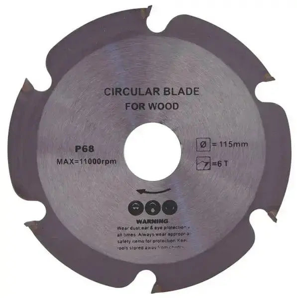 Sega circolare professionale per smerigliatrice da 115 mm con 6 denti in metallo duro, ideale per legno, truciolari e pannelli.