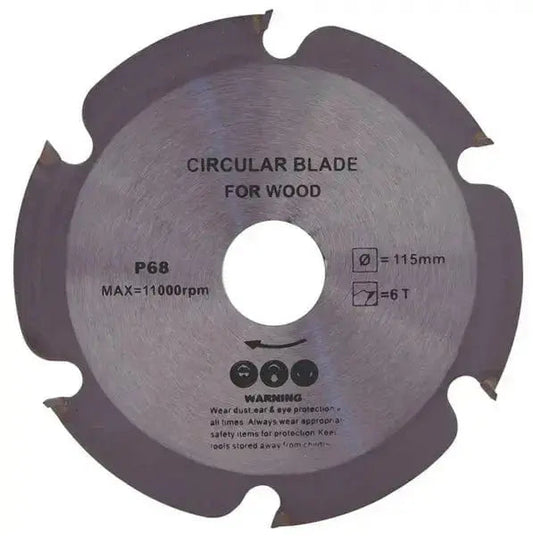 Sega circolare professionale per smerigliatrice da 115 mm con 6 denti in metallo duro, ideale per legno, truciolari e pannelli.