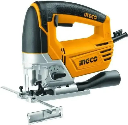 Seghetto alternativo 800W con kit 5 lame INGCO, impugnatura ergonomica e base in alluminio per tagli precisi su legno e acciaio.