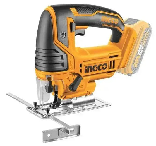 Seghetto alternativo batteria al litio 20v nudo con 5 lame INGCO, corpo giallo e nero, ideale per taglio legno e metallo in ambito fai-da-te e professionale