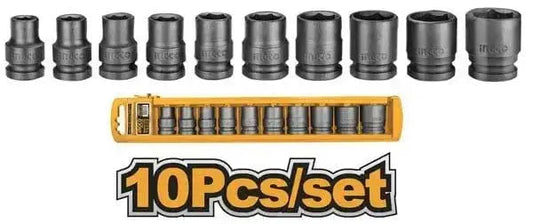 Set 10 bussole ad impatto Ingco in acciaio resistente, con misure da 10 a 24 mm, ideale per lavori meccanici e officine professionali.