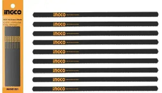 Set 10 lame di ricambio mini seghetto arco INGCO da 152 mm con 24 denti in acciaio 65Mn, ideali per tagli precisi su vari materiali.