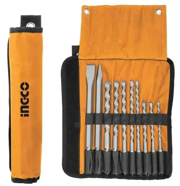 Set 10 punte e scalpelli SDS-Plus Ingco con custodia arancione in tessuto, ideale per lavori professionali e fai-da-te su cemento e muratura.
