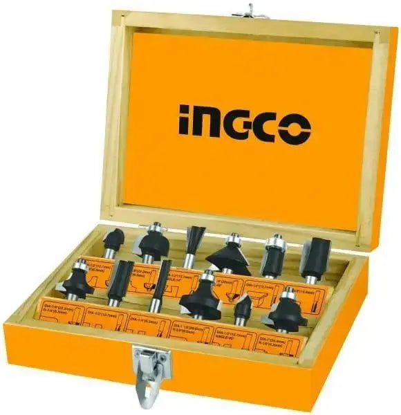 Set 12 frese per legno codolo 6mm INGCO in valigetta arancione con inserti sagomati. Ideale per scanalature e rifiniture in falegnameria.