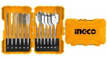 Set 12 punte trapano per legno Ingco con codolo esagonale da 1/4'' in valigetta rigida, misure da 6 mm a 32 mm per lavori fai-da-te.