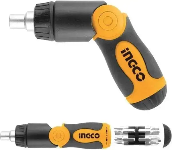 Set 13 pz cacciavite a cricchetto pieghevole Ingco con impugnatura ergonomica e punte intercambiabili in acciaio CR-V, ideale per lavori di precisione.