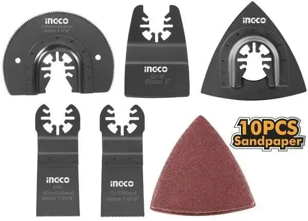Set 15 lame multiuso per utensile multifunzione Ingco con lame di varie forme e 10 fogli abrasivi. Ideale per taglio, levigatura e raschiatura.