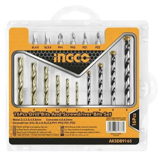 Set 16 punte e inserti per trapano INGCO con punte per metallo e muro, bit da 25 mm in valigetta trasparente. Ideale per lavori di foratura precisi.