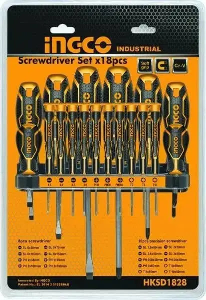 Set 18 cacciaviti croce-taglio INGCO con impugnatura soft grip e supporto da parete, ideale per lavori di manutenzione e riparazione.