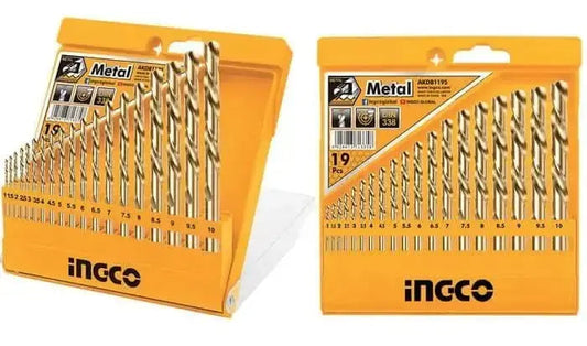 Set 19 punte HSS per trapano Ingco in acciaio ad alta velocità, ideale per forare metalli con precisione. Confezione arancione con punte ordinate per misura.